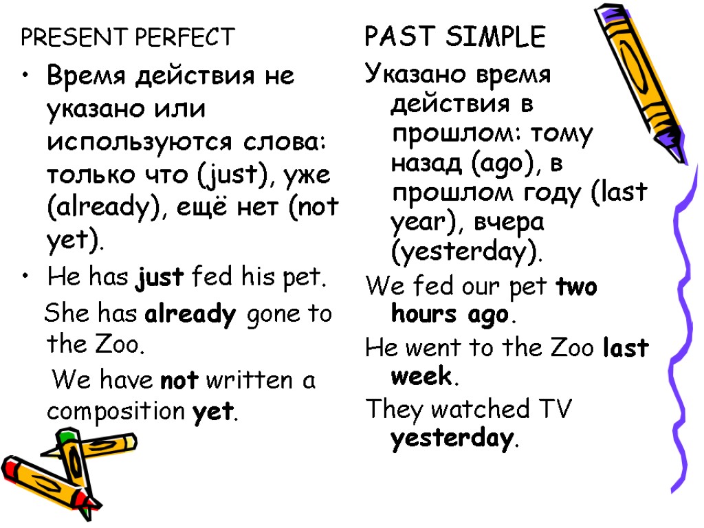 PRESENT PERFECT Время действия не указано или используются слова: только что (just), уже (already),